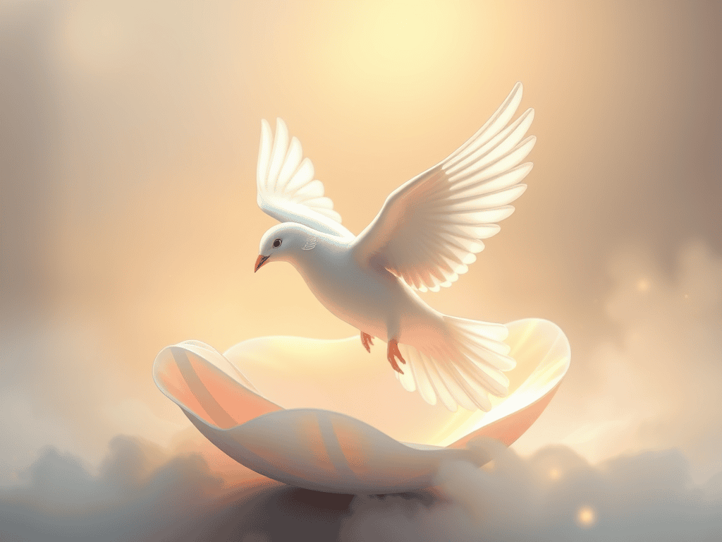 Peaceful white dove flying above an open shell with soft glowing light background.