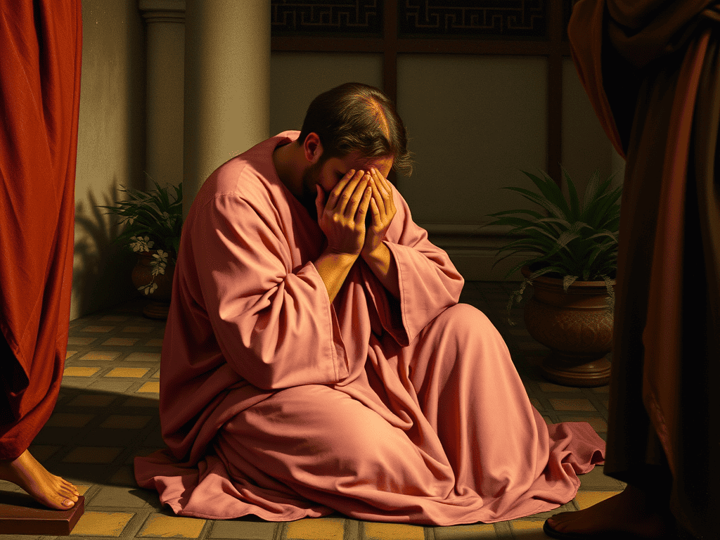 Saint Augustine in pink robes praying with hands covering face in a traditional setting.