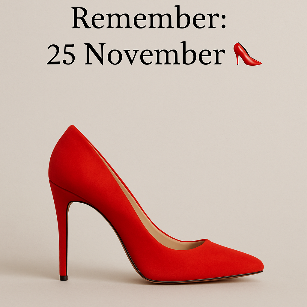 “A single red high-heeled shoe placed against a simple neutral background, symbolizing the International Day for the Elimination of Violence Against Women.”