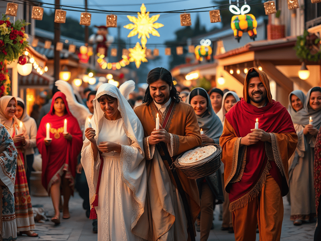 Brightly lit Christmas market with festive decorations and smiling people holding candles.