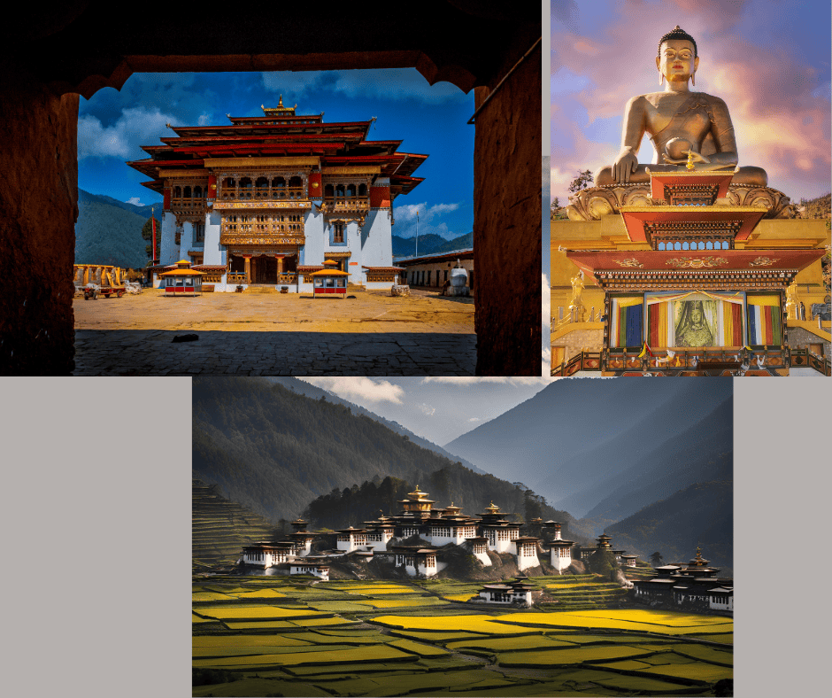 Collage of Bhutan featuring traditional dzong architecture, a hillside monastery, and terraced valleys surrounded by the Himalayan mountains.