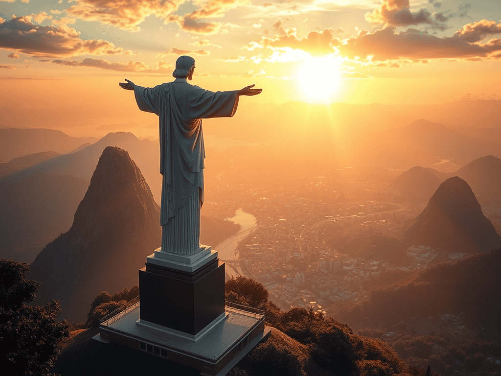 Jesus statue in Brazil overlooking sunrise over mountains, symbolizing blessings and hope for families and nat.