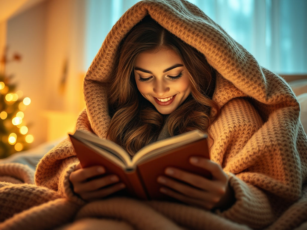 A young woman smiling while reading a book under a cozy blanket in a warmly lit room, with a Christmas tree softly illuminated in the background.