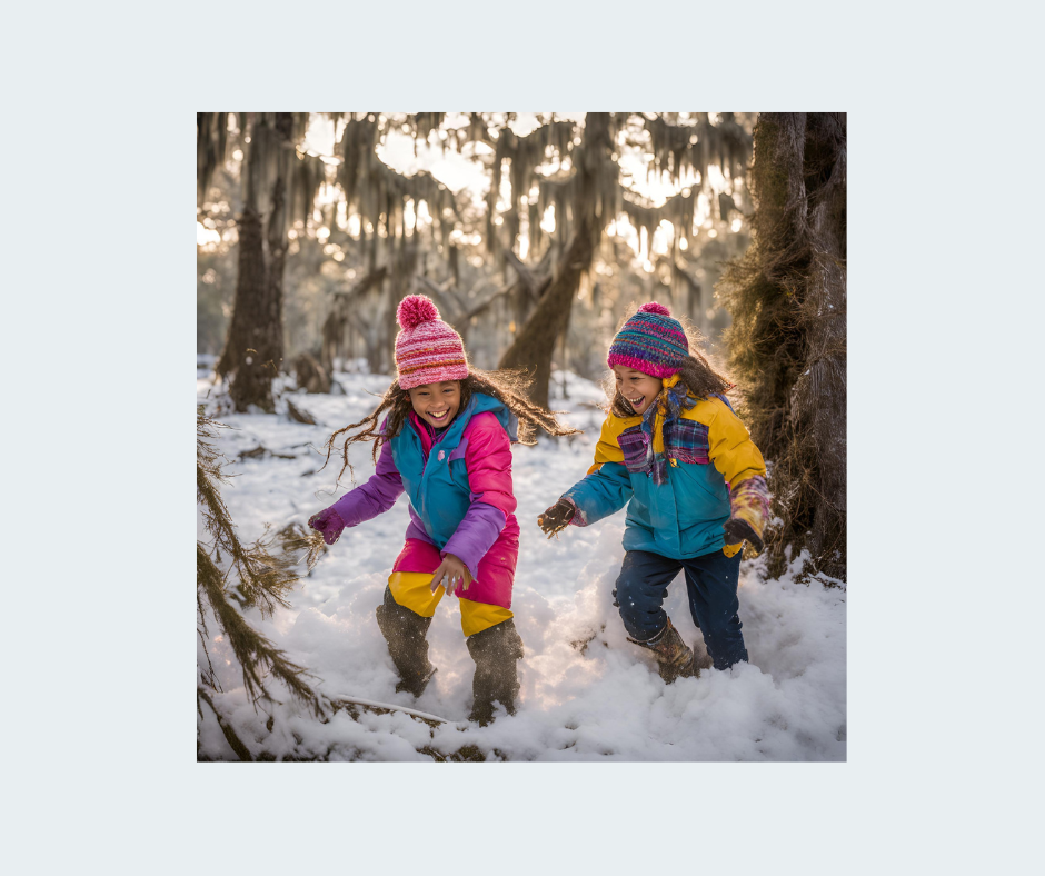 kids playing in the snow in the bayou