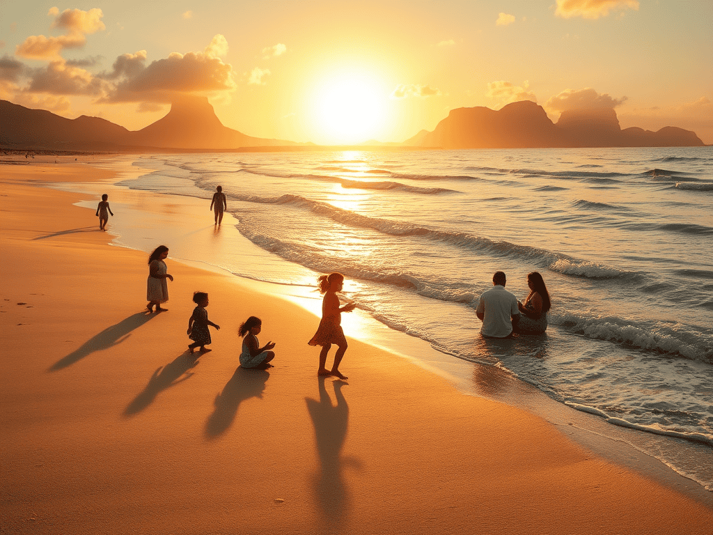 Family enjoying sunset on Cape Verde beach during evening with mountains in background.