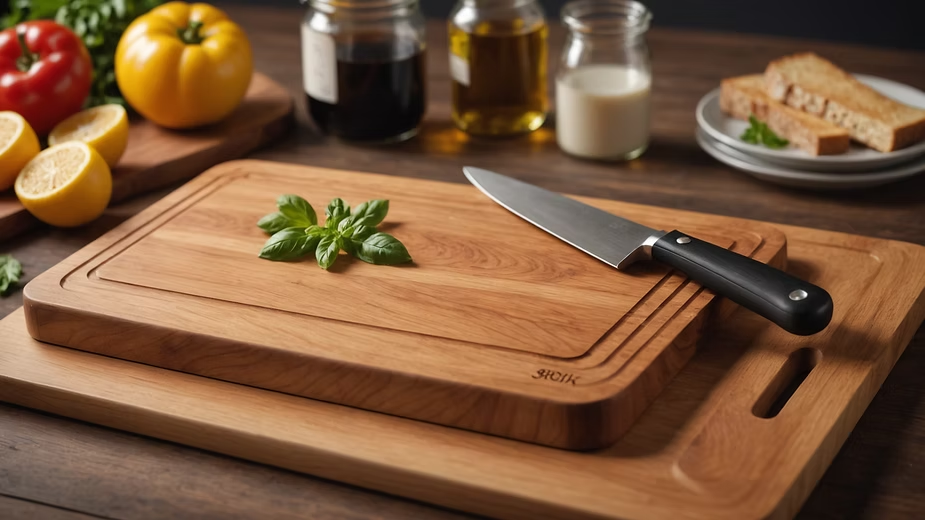 Close-up view of a wooden cutting board showing food residues after use.