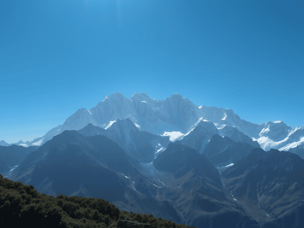 Snow-capped Himalayan mountains under a clear blue sky in Nepal