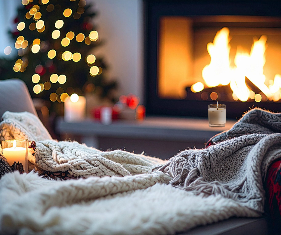A cozy living room glows with Christmas warmth. In the foreground, soft blankets—one white faux fur, one red-and-gray knit—are draped over a seat beside a lit candle. In the background, a fireplace crackles and a Christmas tree twinkles with golden lights and red ornaments. The scene evokes comfort, preparation, and festive anticipation.