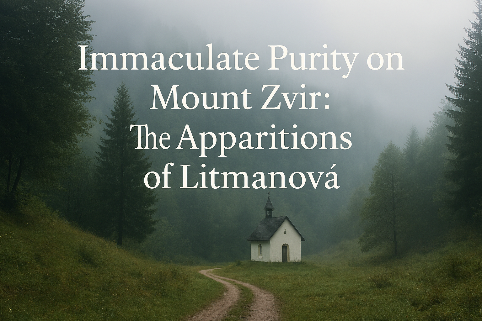 A small white chapel nestled in a misty forest on Mount Zvir, Slovakia, with a winding path leading through the meadow—evoking purity, pilgrimage, and spiritual quiet.