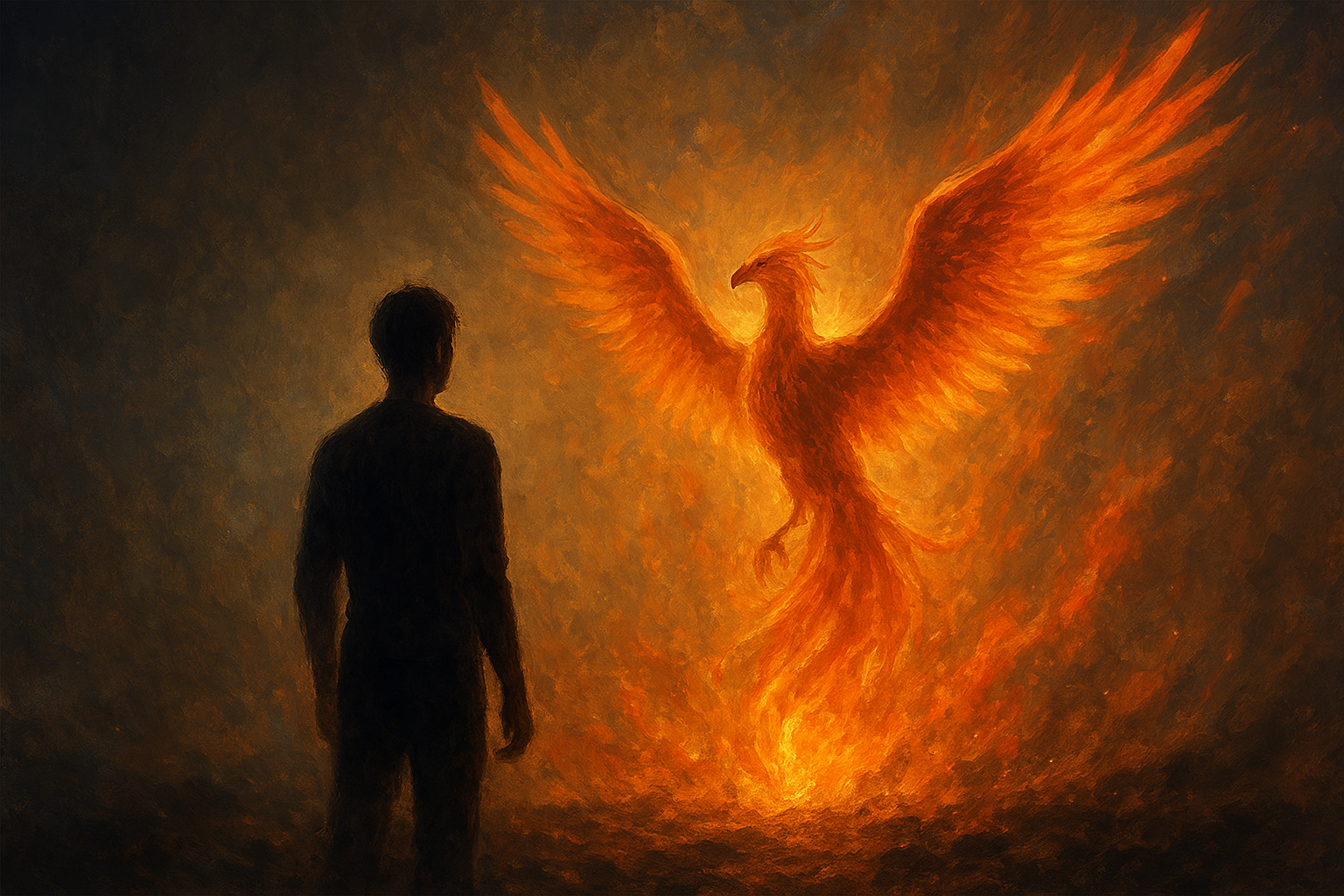 Silhouetted figure transforming beside a phoenix rising from glowing embers in a desert dawn.