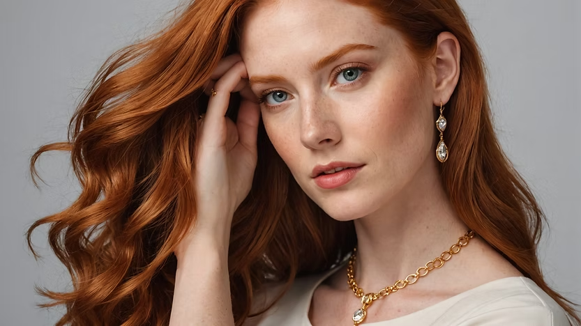 “Woman with red hair sweeping it back from her face, showcasing gold and gemstone jewelry that complements her vibrant locks.”