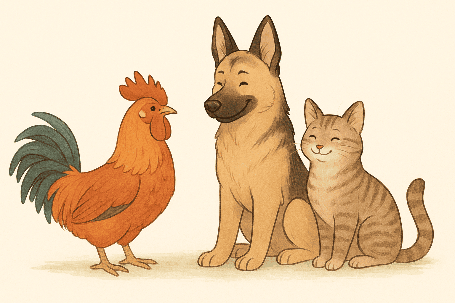 Illustration of a rooster, a German shepherd, and a smiling tabby cat sitting peacefully together on a soft background.