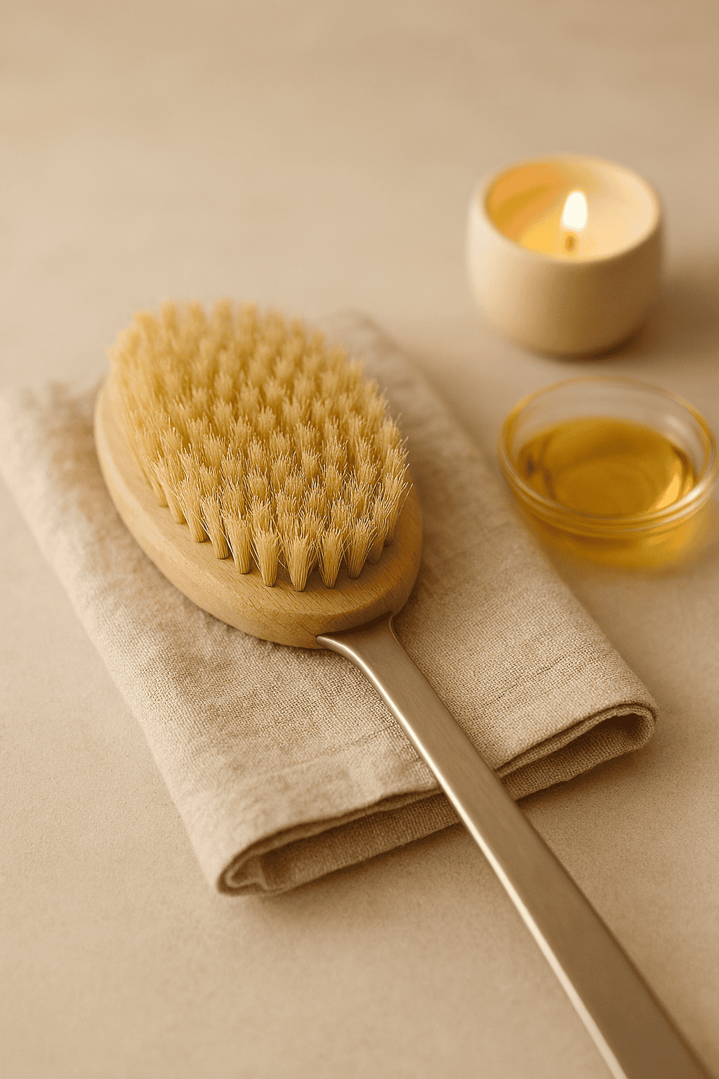 A natural dry body brush with a metal handle rests on a folded linen towel. Nearby, a small glass bowl of golden oil and a lit candle suggest a peaceful self-care ritual.
