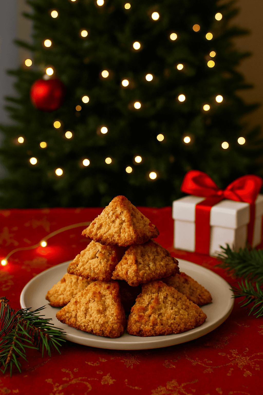 Stack of golden triangular hazelnut cookies on a festive table with rosemary sprigs, a white gift box tied with red ribbon, and a softly lit Christmas tree in the background