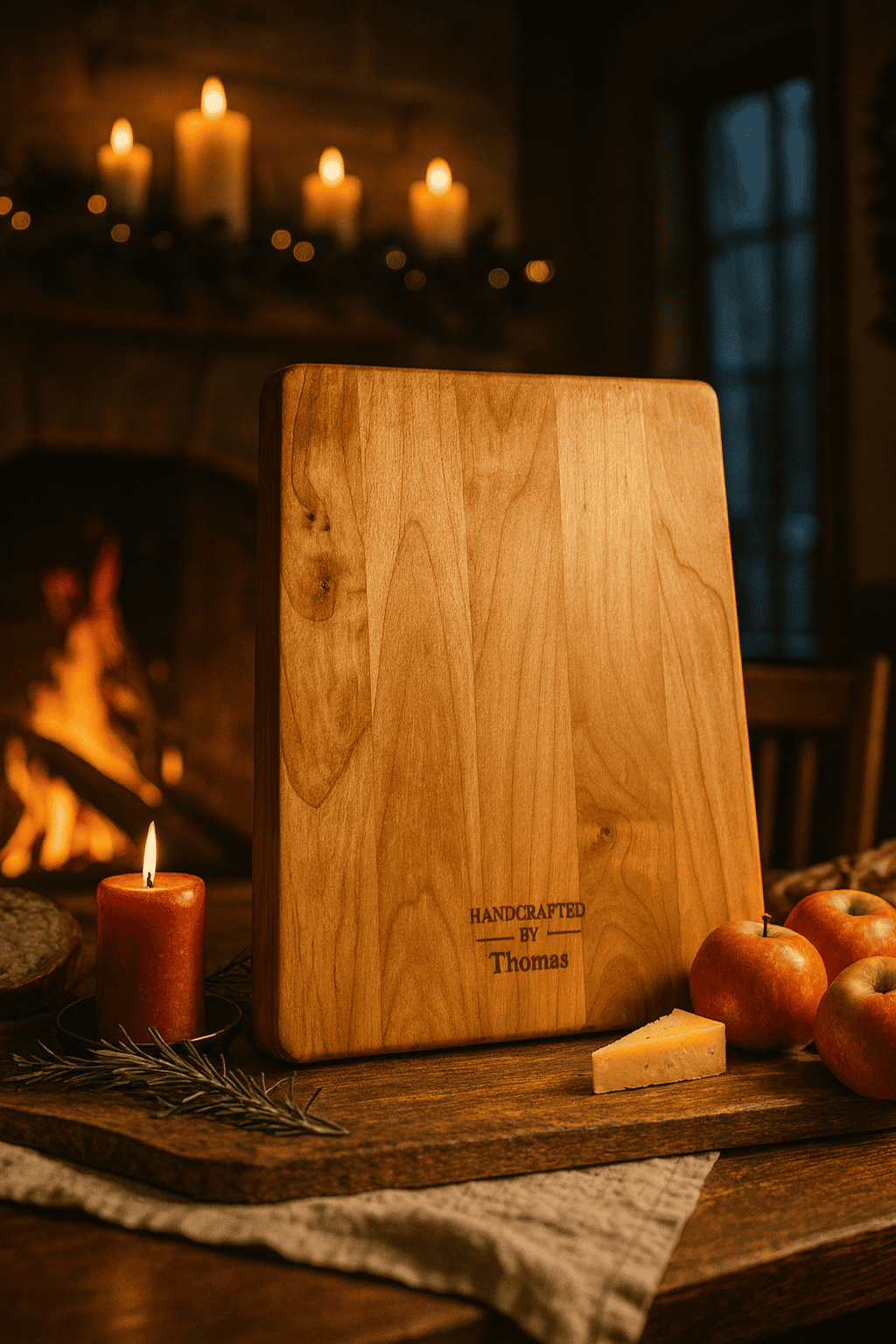 “A handcrafted maple cutting board rests beside a glowing candle, apples, cheese, and sprigs of rosemary on a wooden table, illuminated by warm winter firelight.”