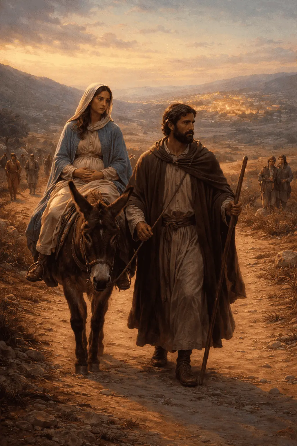 Mary rides a donkey beside Joseph as they travel toward Bethlehem at dusk, surrounded by other travelers on a crowded road, with the town glowing in the distance.
