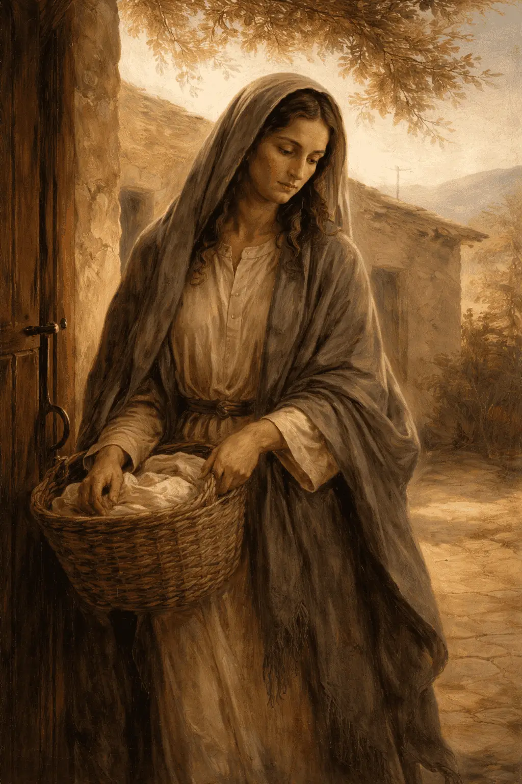 Beautiful Mary holding a woven basket outdoors.