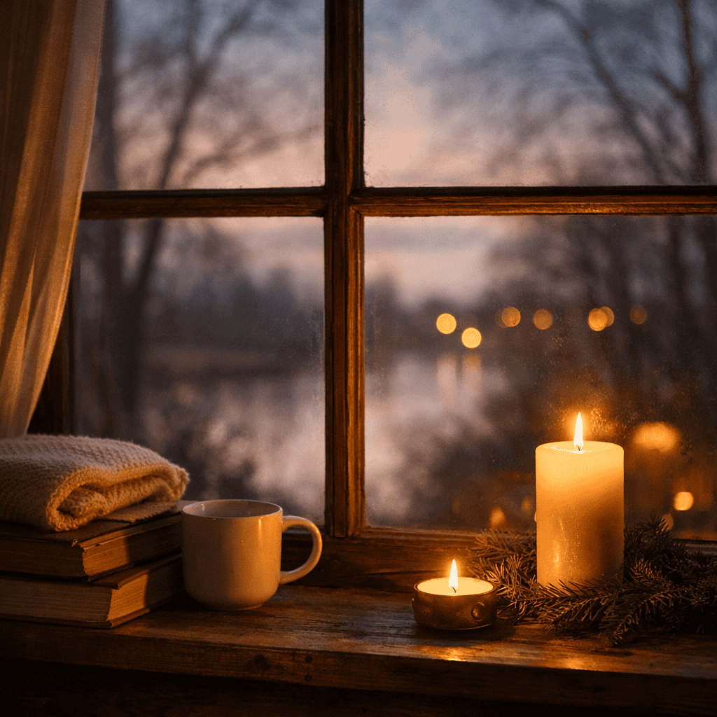 A softly lit window at dusk with candlelight, a mug, and books on a windowsill, looking out onto a quiet winter landscape.