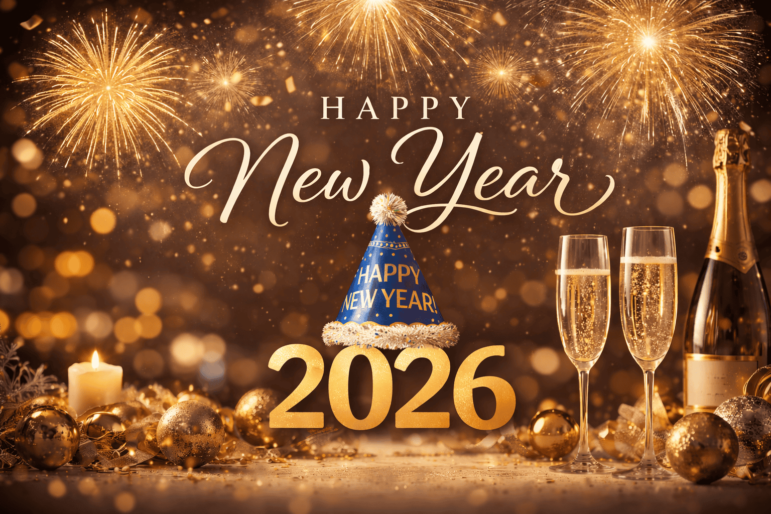 Festive New Year’s Eve image with fireworks, a New Year’s hat, and golden 2026 numerals celebrating the arrival of the new year.