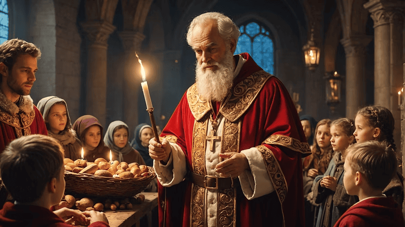 “Saint Nicholas blessing children in a church with gentle candlelight”