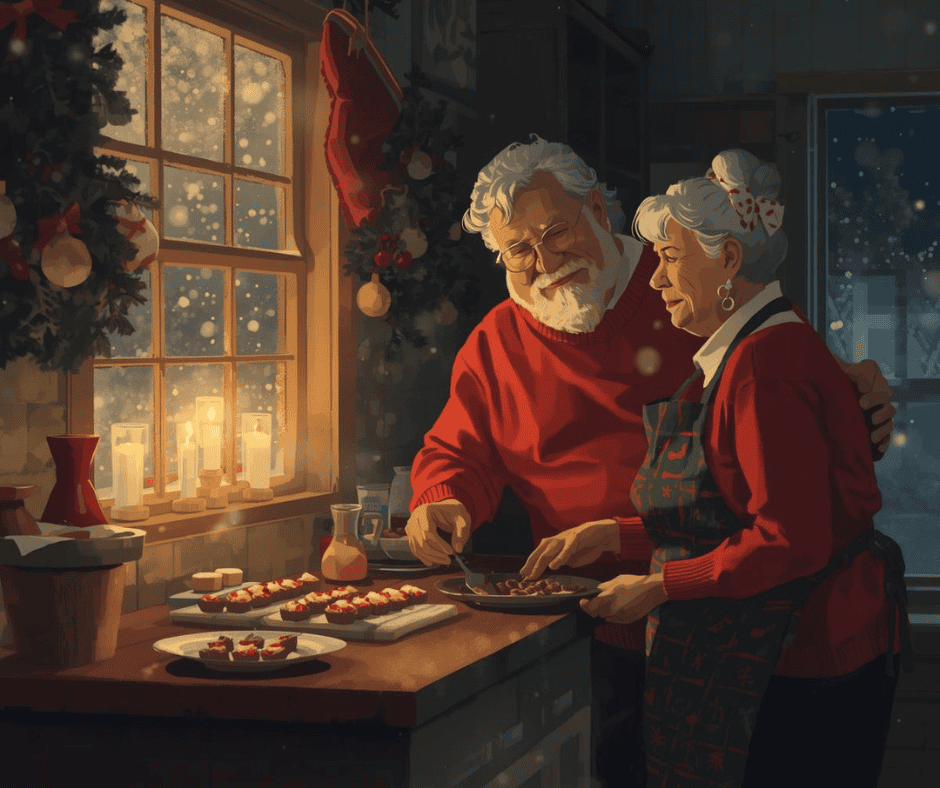 Cozy holiday scene of senior couple baking cookies together in Christmas sweaters.