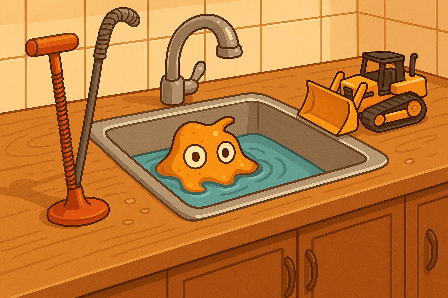 A playful illustrated scene of a kitchen sink with a cute orange “grease monster” peeking out of the water, a drain snake leaning on the counter, and a toy bulldozer nearby, symbolizing a humorous plumbing mishap.