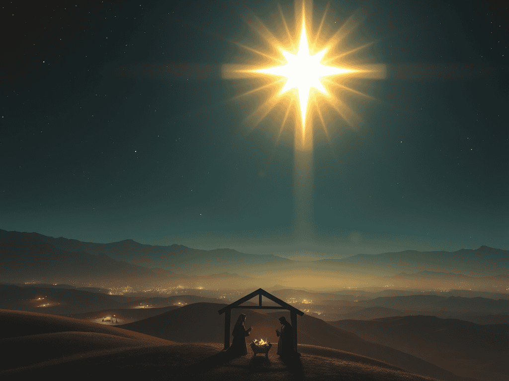 Bright star shines over nativity scene in a starry night sky, with peaceful figures in silhouette on a hilltop.