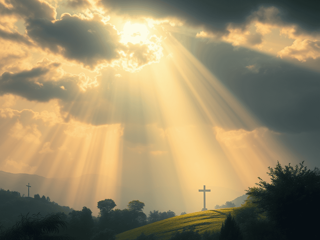 Sun rays shining through clouds over crosses on hilltop.