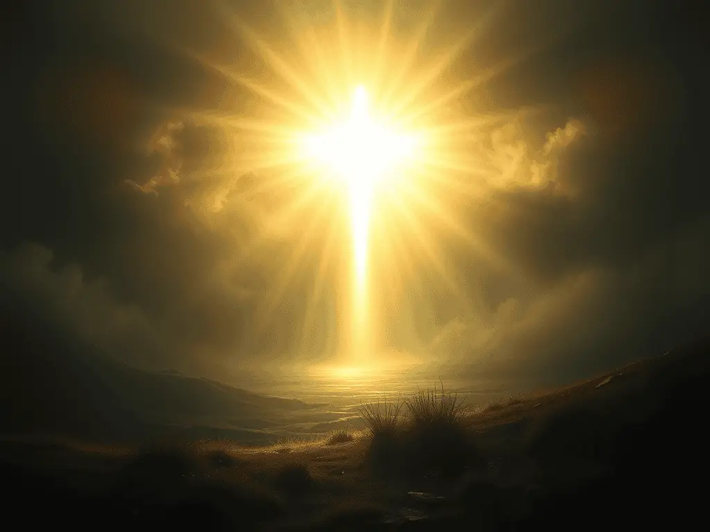 Bright sunlight breaking through dark clouds in a scenic landscape.