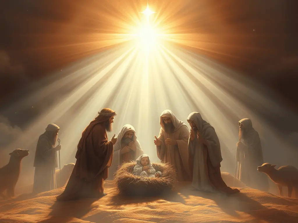 Alt text: Artistic depiction of the Nativity scene with angels and animals under divine light.