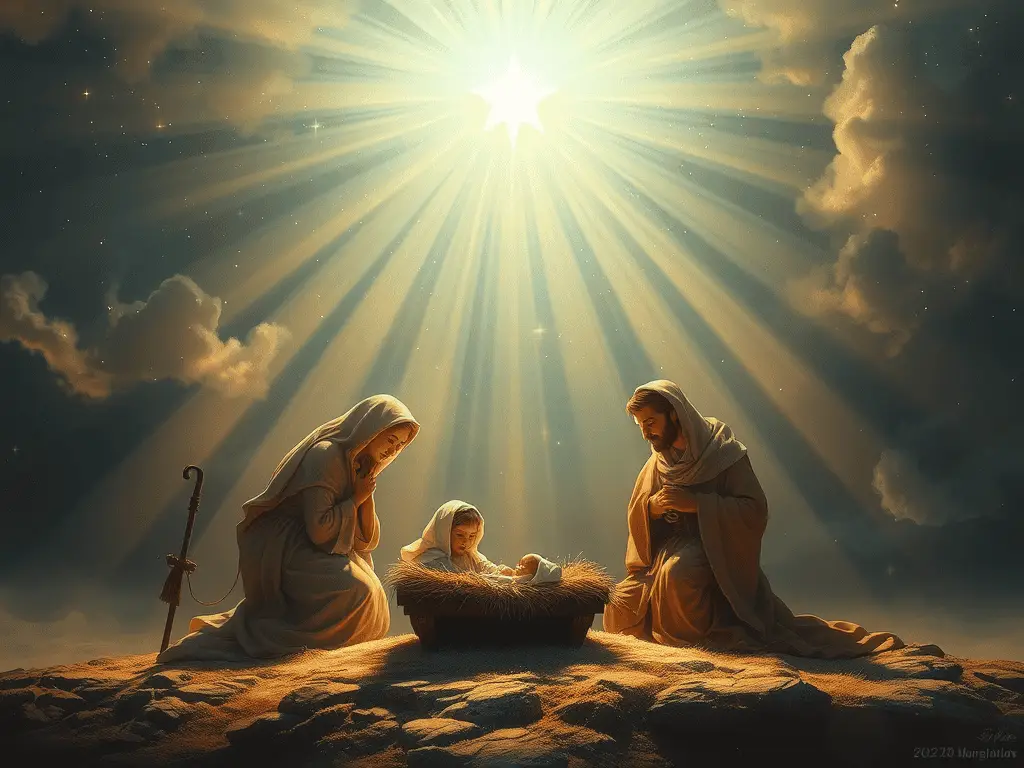 Religious nativity scene featuring Mary, Joseph, baby Jesus under shining star with angels and clouds, celebrating Christmas.