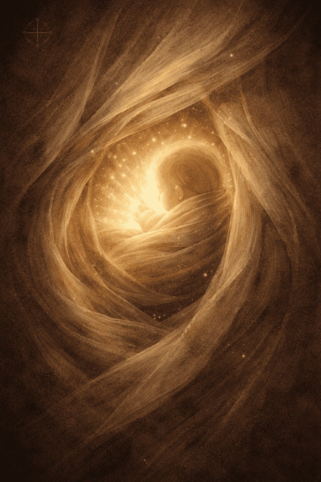 A symbolic Advent image representing John the Baptist before birth, wrapped in linen and surrounded by warm golden light, expressing joyful recognition of Christ’s presence without visible anatomy.