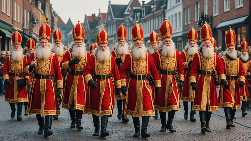 Traditional Sinterklaas parade with men dressed in red bishop robes and mitres walking through a Dutch street.”