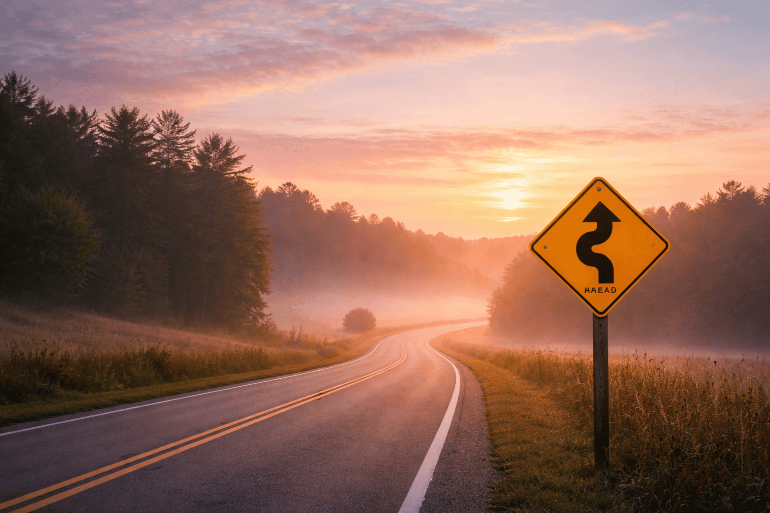 A quiet two-lane country road curving through mist at sunrise with a yellow “curves ahead” sign and soft morning light.