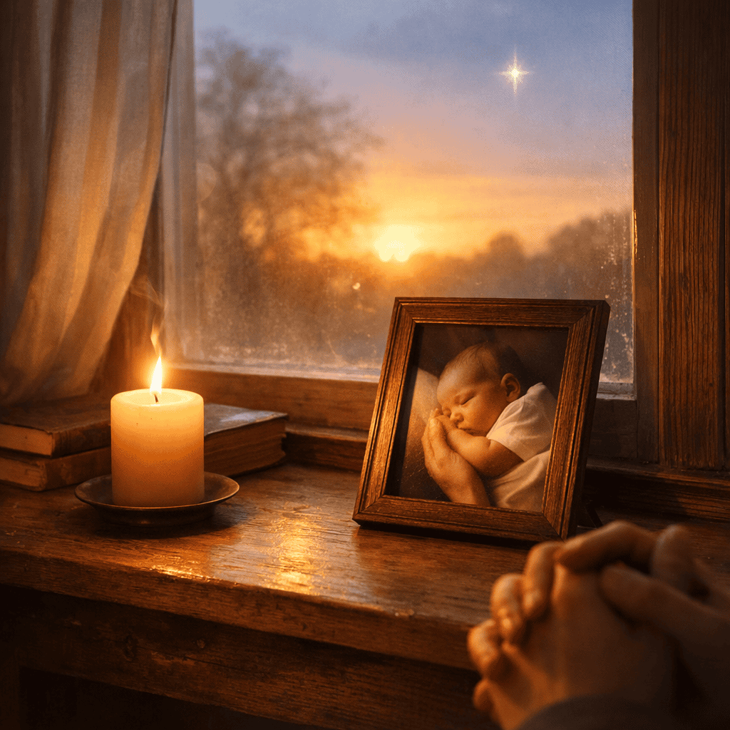 Soft morning light falls through a window onto a lit candle and a framed photograph of a sleeping newborn, resting on a wooden windowsill, suggesting quiet reflection on life and beginning.
