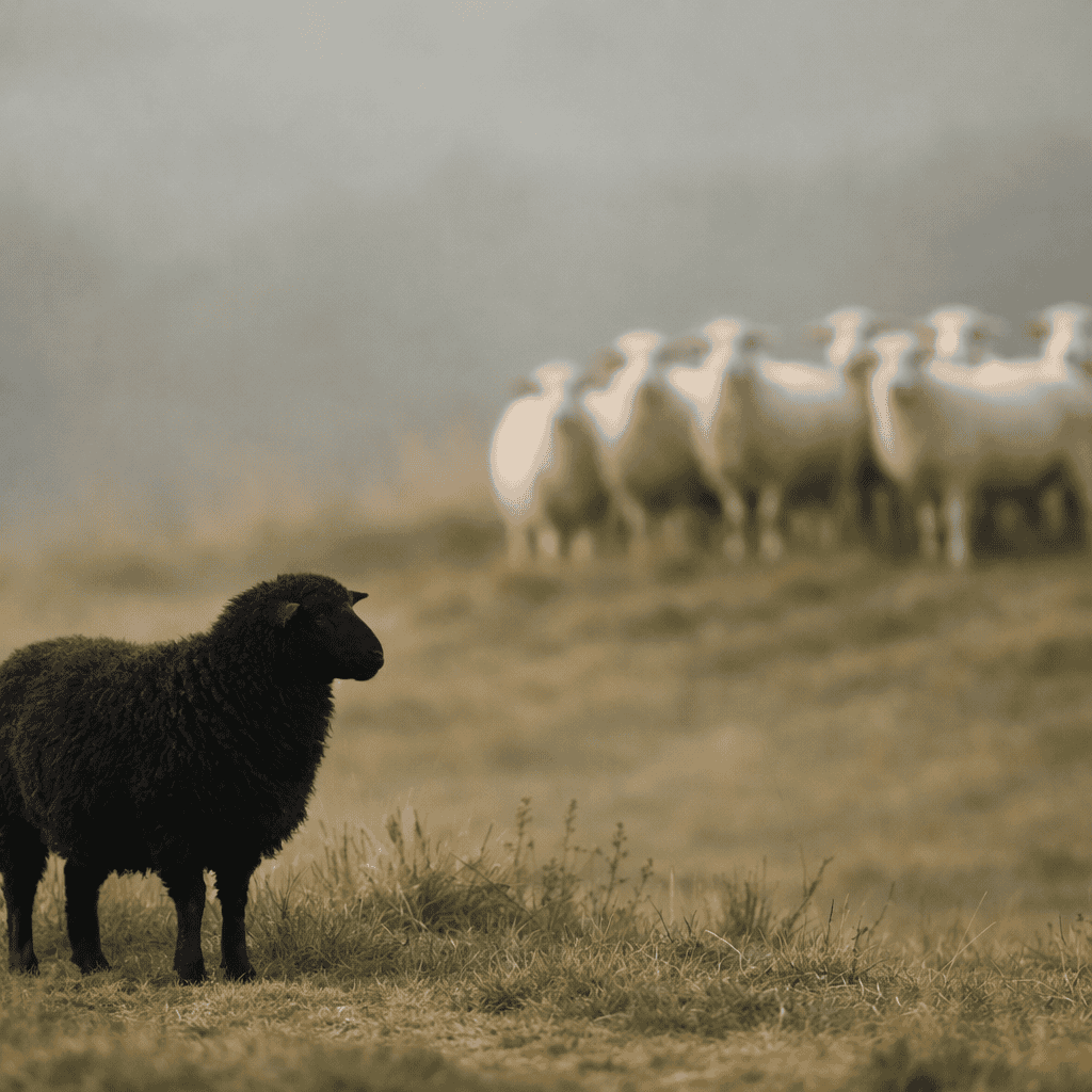 A lone black sheep stands in the foreground while the rest of the flock remains in the distance across an open field.