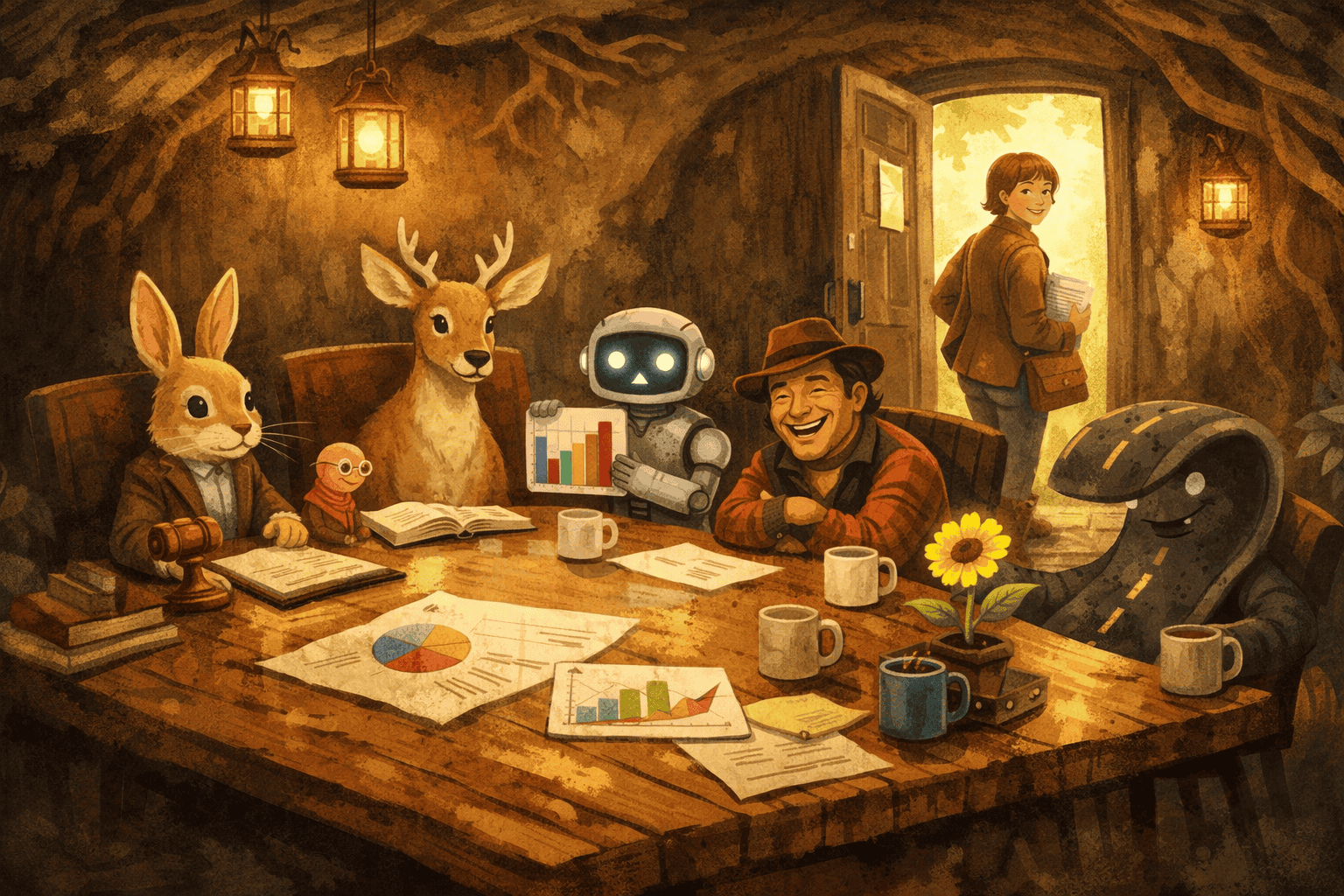Illustration of a whimsical boardroom inside a tree root hall where a rabbit, deer, worm, flower, road, comedian, and friendly robot sit around a wooden table with charts and coffee, while a human sales messenger stands at the open door heading out into sunlight.
