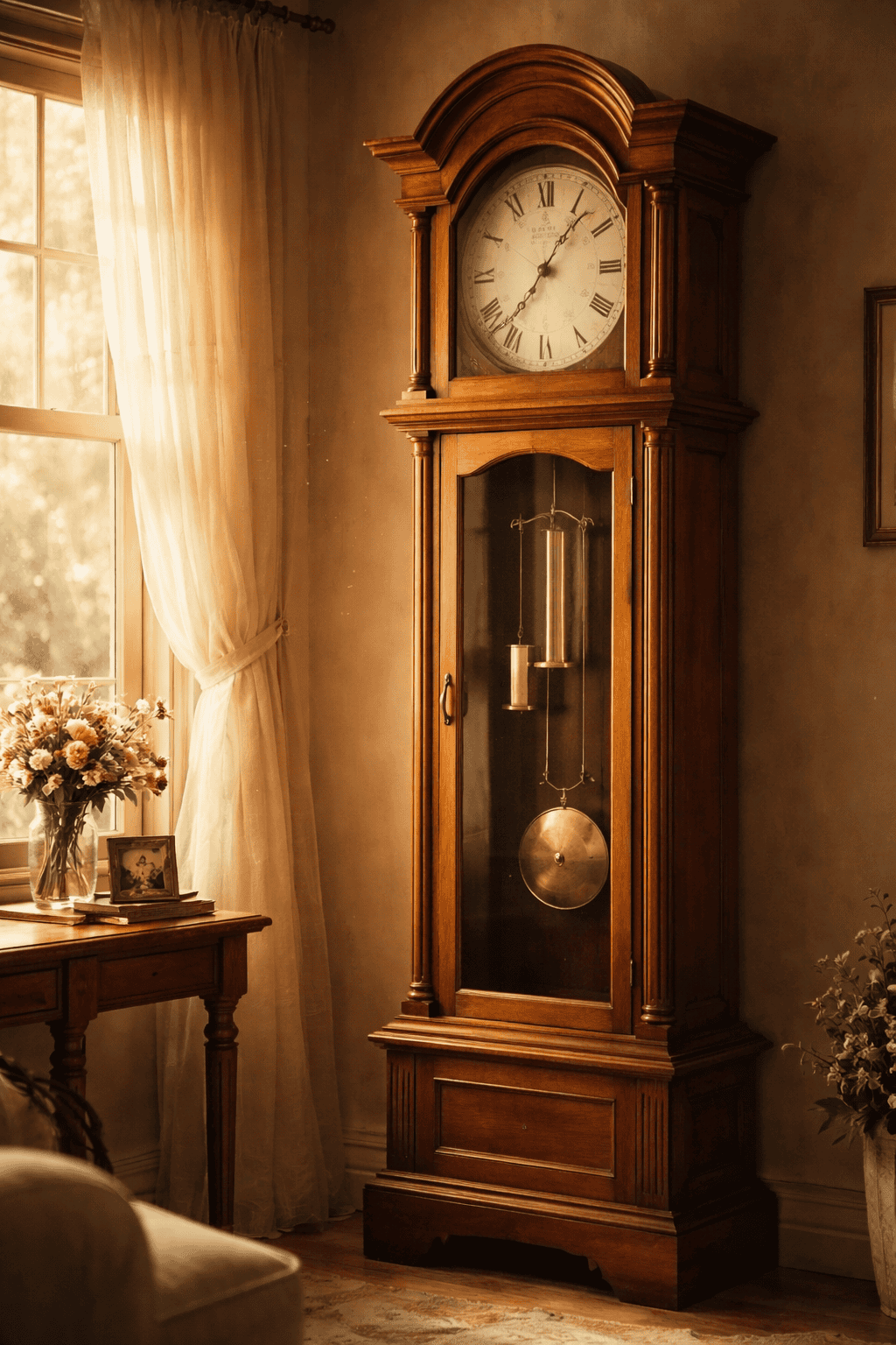 A wooden grandfather clock standing in a softly lit room near a window, symbolizing time and family heritage.