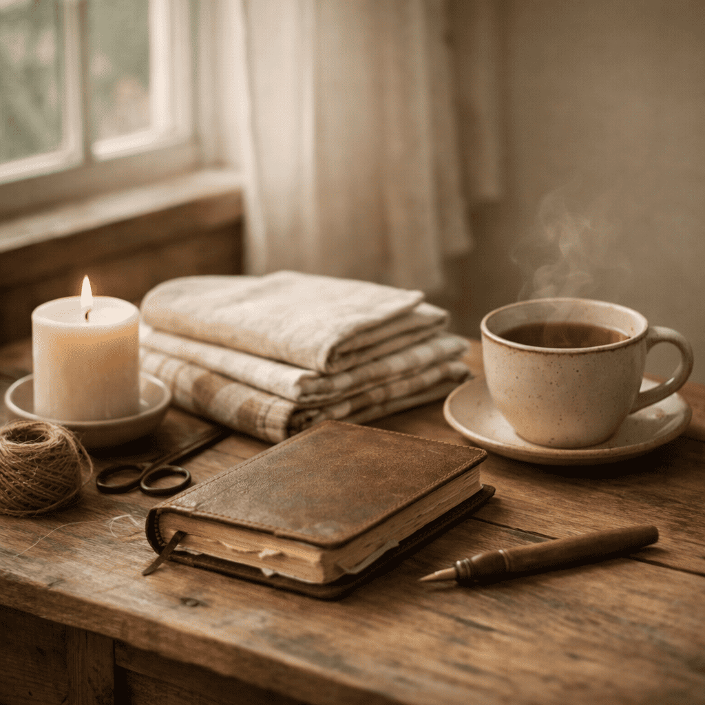 Soft morning light on a wooden table with handmade items including a candle, folded fabric, a notebook, and a cup of tea, representing a quiet and reflective life of faith and creativity.