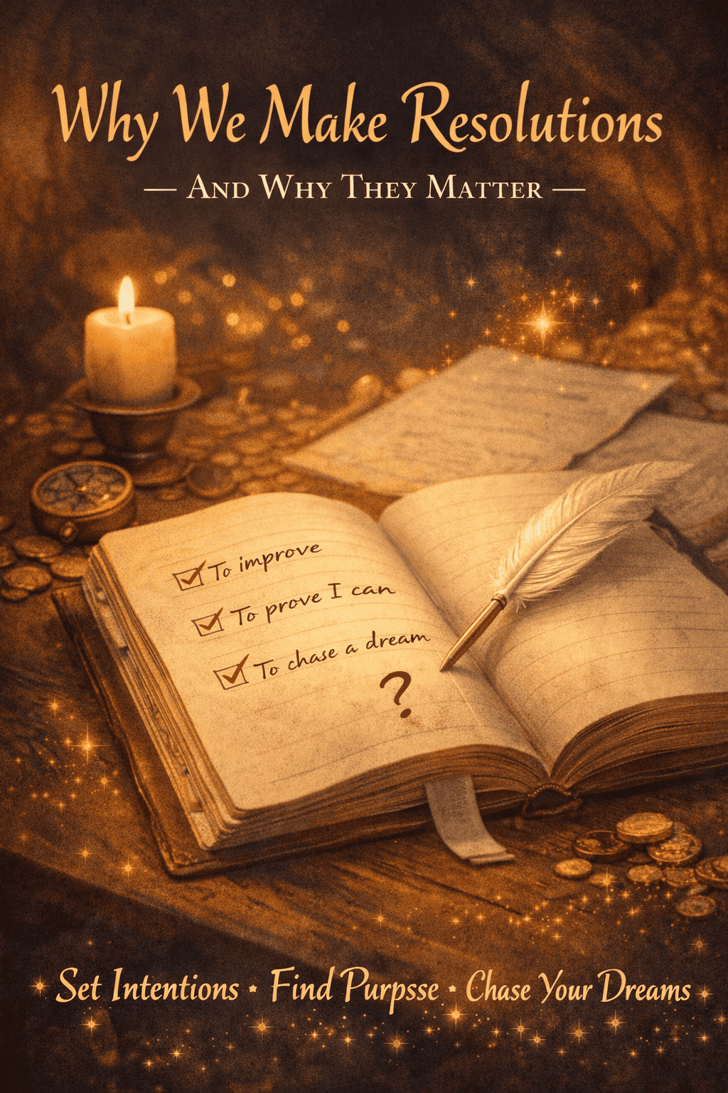 Open journal on a wooden surface with handwritten resolution ideas checked off, a feather pen resting on the page, a lit candle, a compass, and scattered coins, all glowing in warm golden light suggesting reflection and intention.