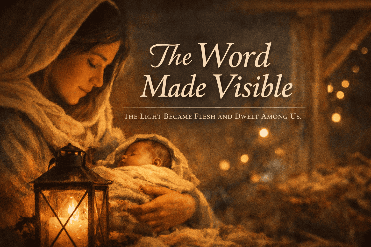Mary holding the infant Jesus beside a lit lantern inside a softly glowing stable, with warm light surrounding them.