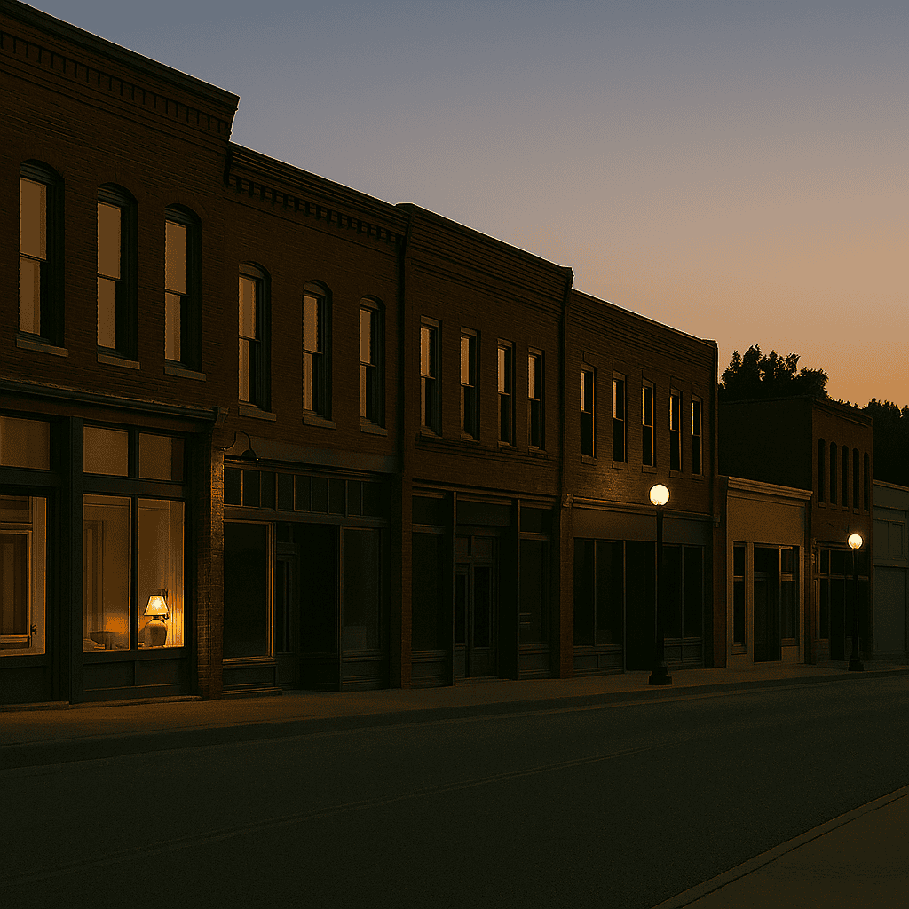 A quiet small‑town street at dusk with warm light reflecting off storefronts, symbolizing how stories often hold more than we first see