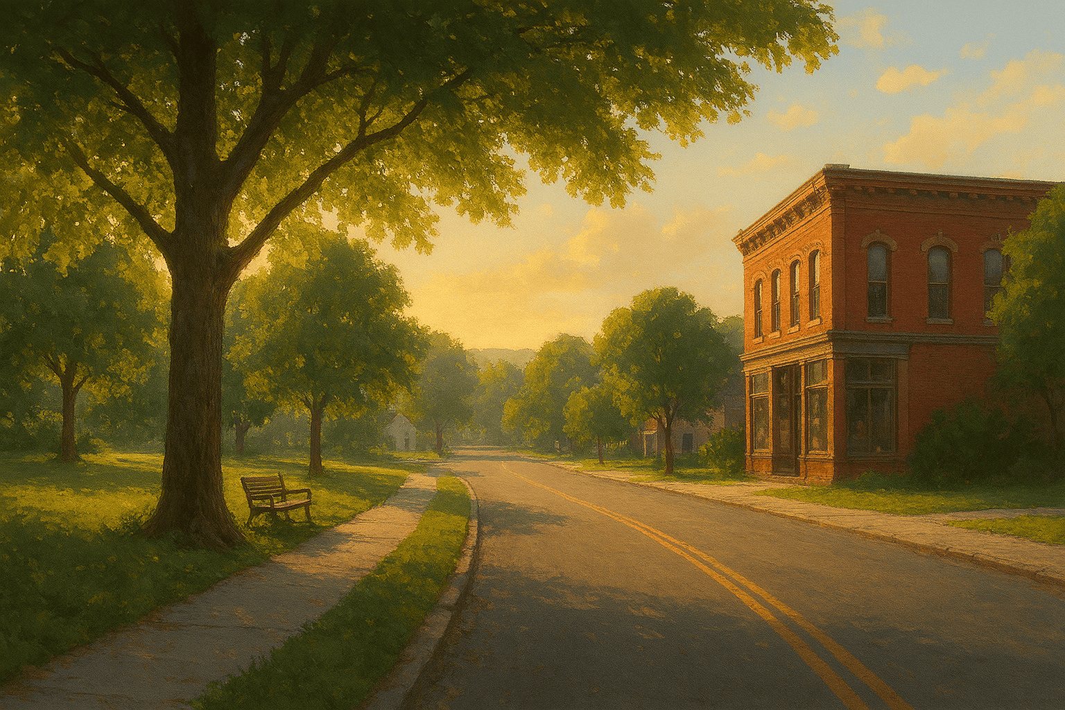 A sunlit small-town street with a tree-lined sidewalk, a red brick building, and a quiet park bench under golden hour light.