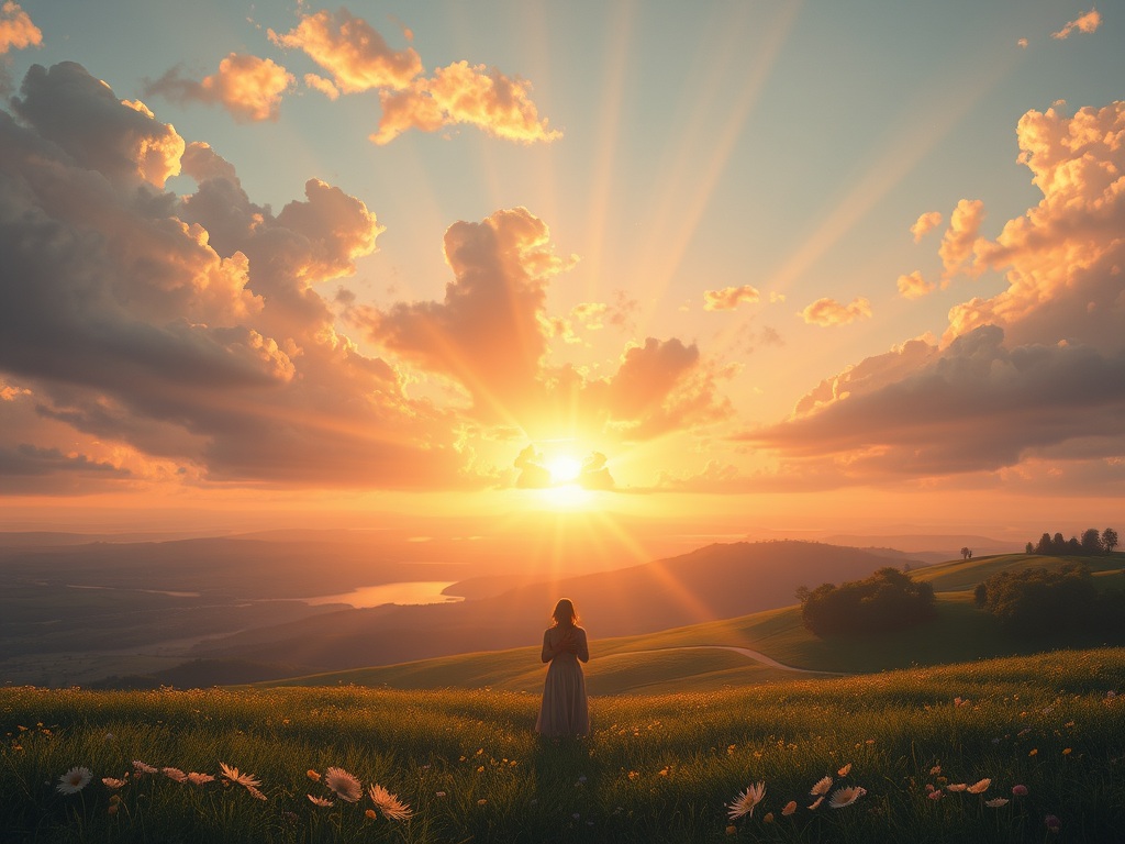 Silhouette of a person standing in a lush field at sunrise, arms open to the glowing golden sun and rays bursting through clouds, symbolizing hope, new beginnings, and God's fresh mercies every morning.