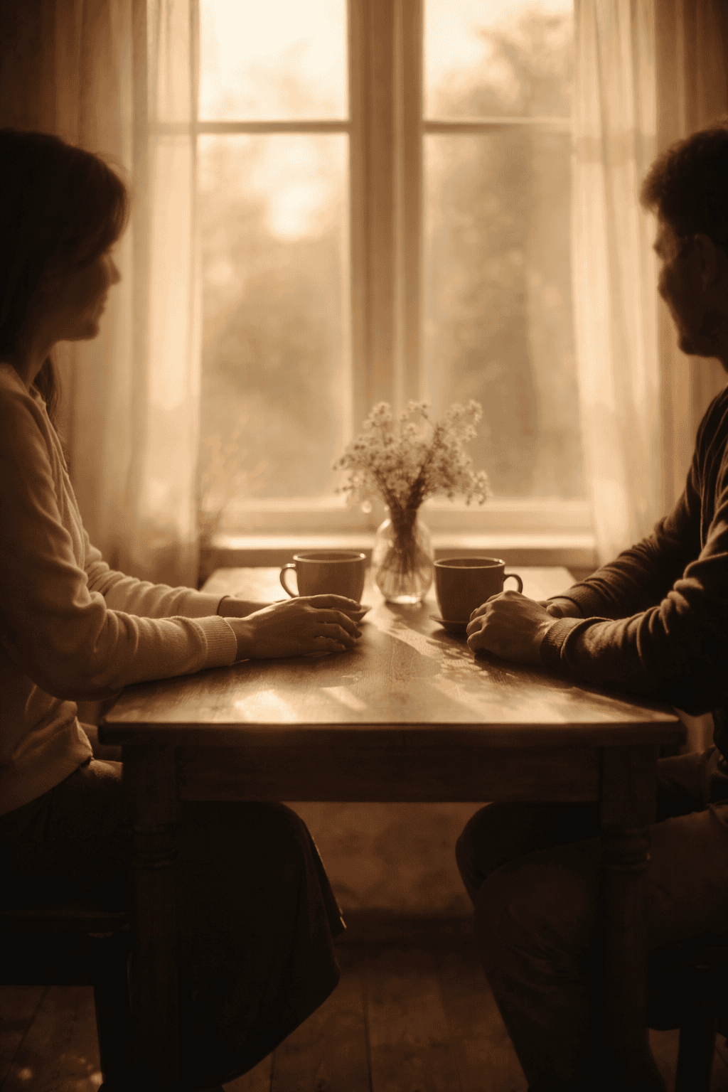 Two people sit across from each other at a small wooden table near a window, hands resting calmly in soft morning light, suggesting a quiet and respectful conversation.