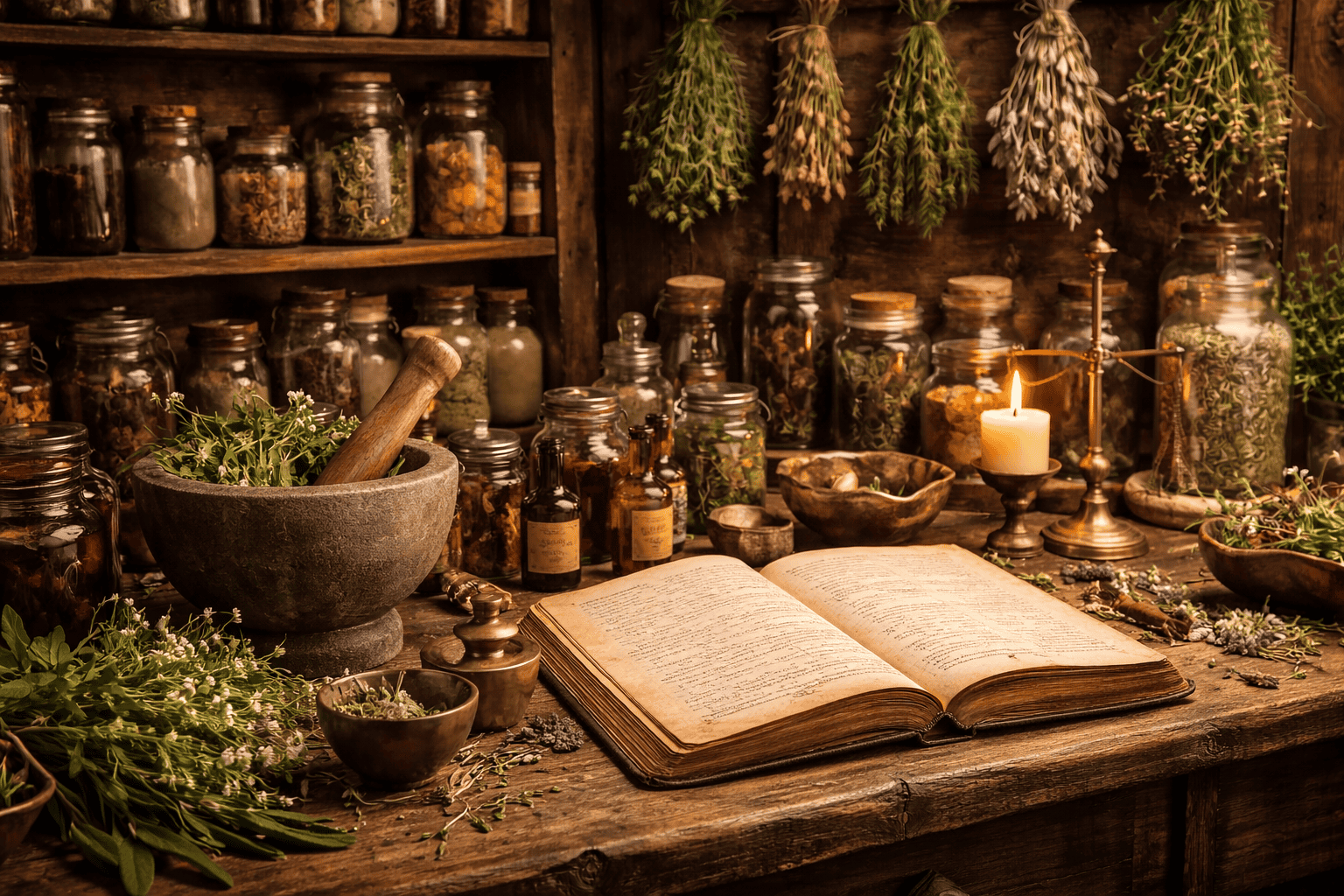Old-world apothecary workspace with glass jars of herbs, mortar and pestle, open book, and candle on a wooden table.