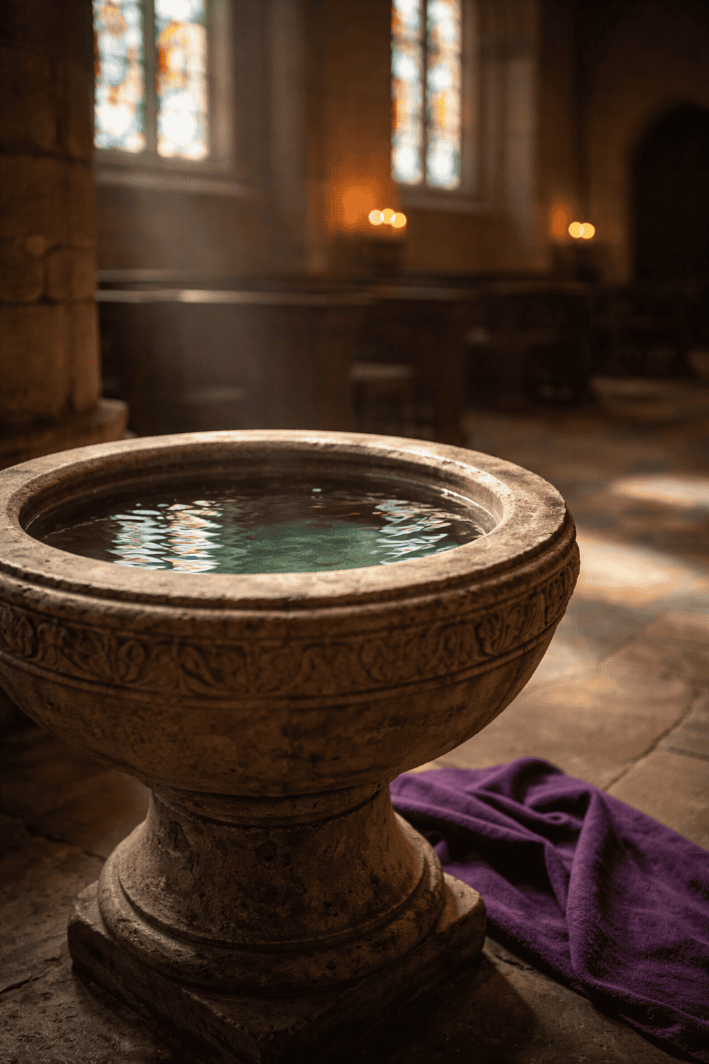 Stone baptismal font filled with still water inside a historic church during Lent, symbolizing new life through Baptism and preparation for Easter