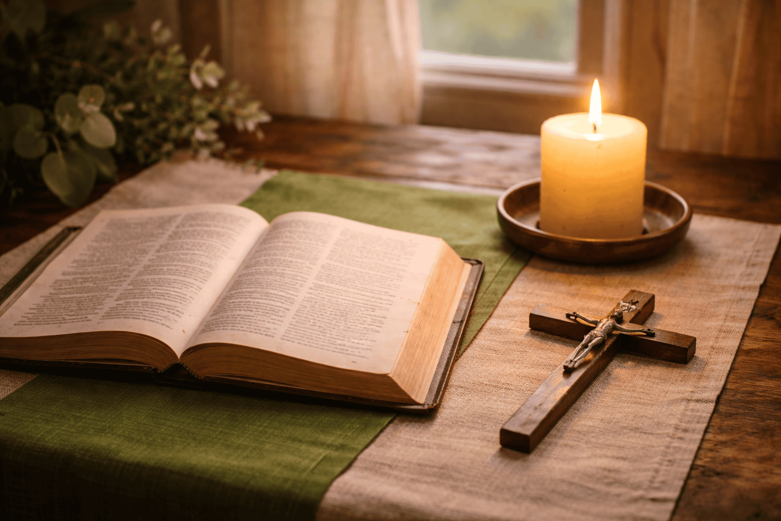 Open Bible beside a wooden crucifix and lit candle resting on linen cloth in soft natural light.