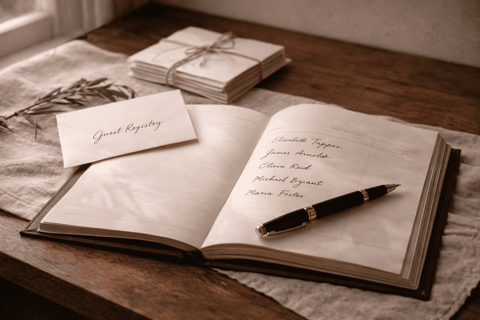 Open guest registry book on a wooden desk with handwritten names, a fountain pen, envelopes, and linen cloth in soft natural light.