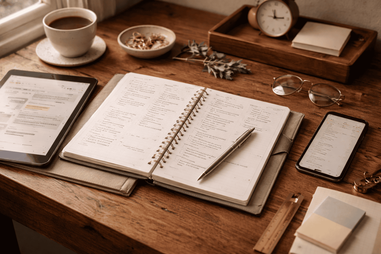 Organized wooden desk workspace with an open planner, tablet, smartphone, coffee cup, and desk accessories arranged in natural light.